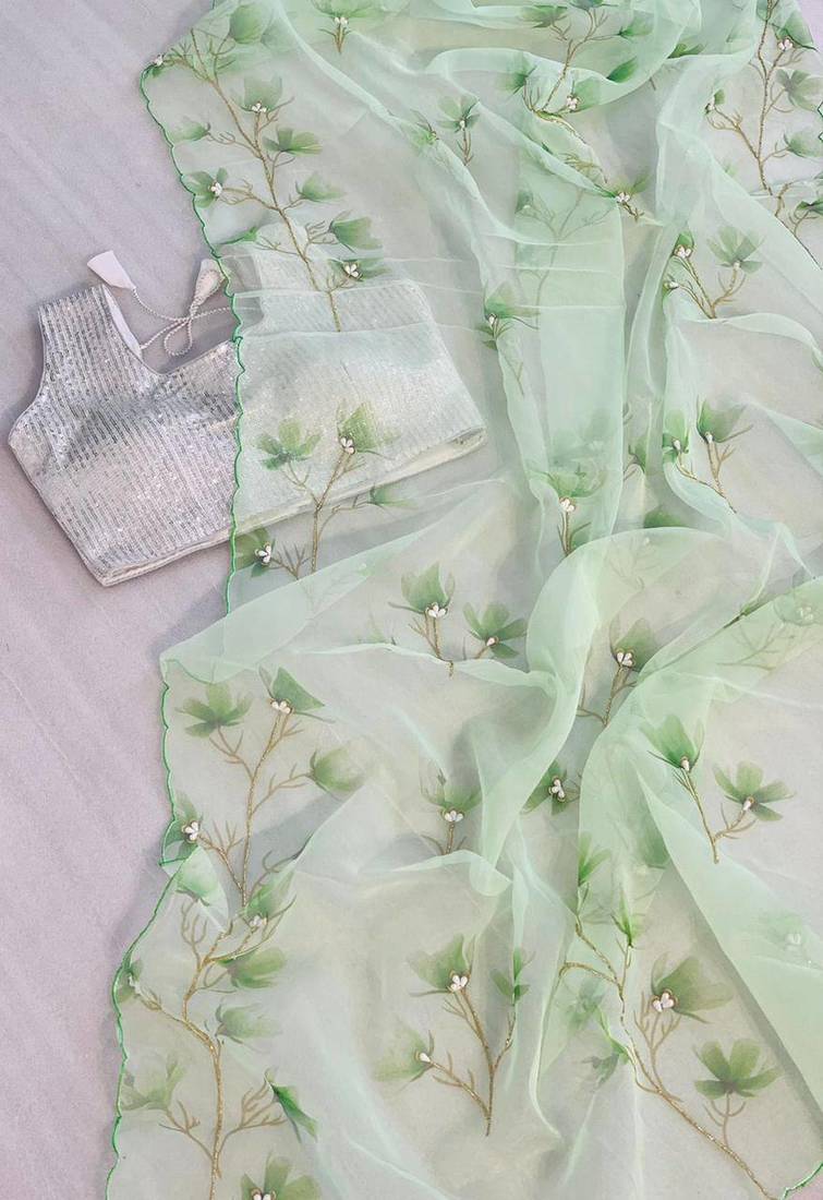 Green Colour Organza Silk Handwork With Digital Print Saree 