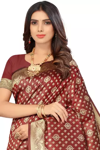 Women's Maroon Kota Lichi Golden Zari Ethnic Motif Banarasi Contemporary Woven Design Saree With Running Blouse Piece