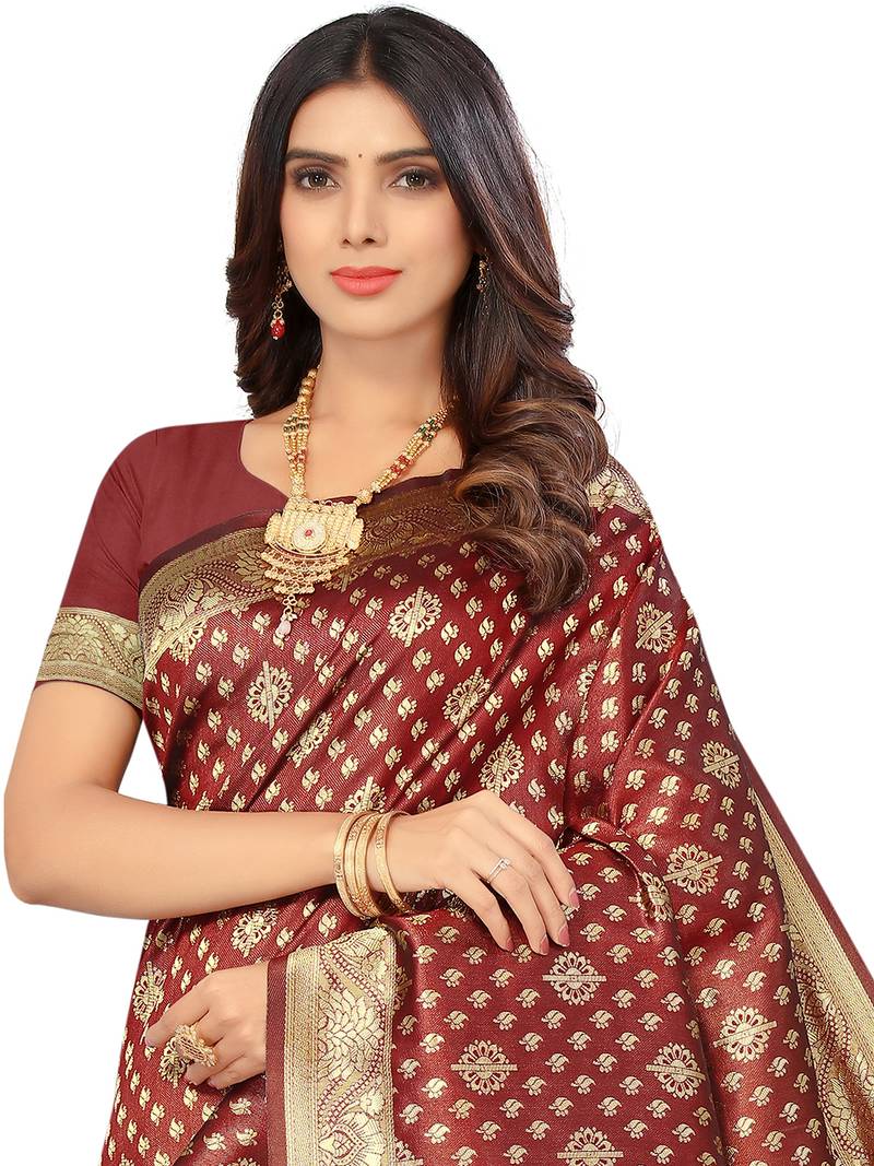Women's Maroon Kota Lichi Golden Zari Ethnic Motif Banarasi Contemporary Woven Design Saree With Running Blouse Piece