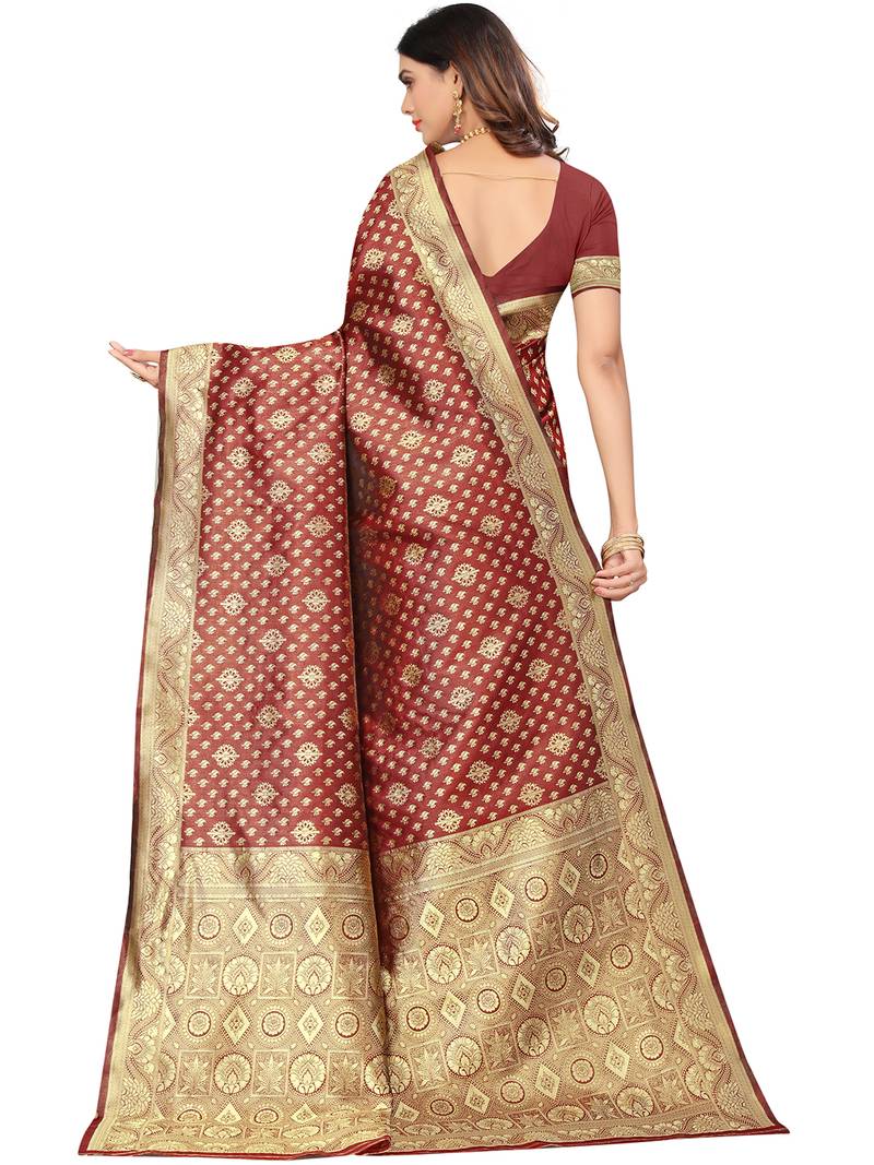 Women's Maroon Kota Lichi Golden Zari Ethnic Motif Banarasi Contemporary Woven Design Saree With Running Blouse Piece