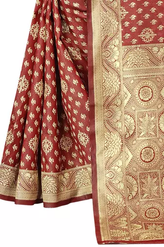 Women's Maroon Kota Lichi Golden Zari Ethnic Motif Banarasi Contemporary Woven Design Saree With Running Blouse Piece