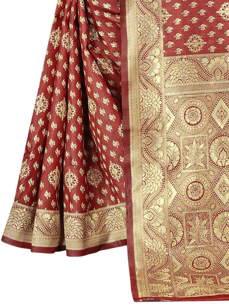 Women's Maroon Kota Lichi Golden Zari Ethnic Motif Banarasi Contemporary Woven Design Saree With Running Blouse Piece