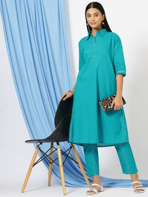 Anushil stylish co-ord set for women - solid shirt style kurti with pants, 2peice kurta with trouser casual wear 1