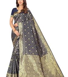 Women's Navy Blue Kota Lichi Golden Zari Ethnic Motif Banarasi Contemporary Woven Design Saree With Running Blouse Piece