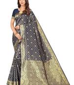 Women's Navy Blue Kota Lichi Golden Zari Ethnic Motif Banarasi Contemporary Woven Design Saree With Running Blouse Piece