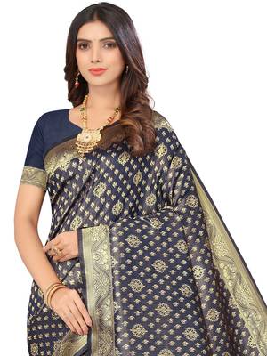 Women's Navy Blue Kota Lichi Golden Zari Ethnic Motif Banarasi Contemporary Woven Design Saree With Running Blouse Piece 2