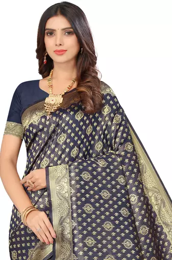 Women's Navy Blue Kota Lichi Golden Zari Ethnic Motif Banarasi Contemporary Woven Design Saree With Running Blouse Piece