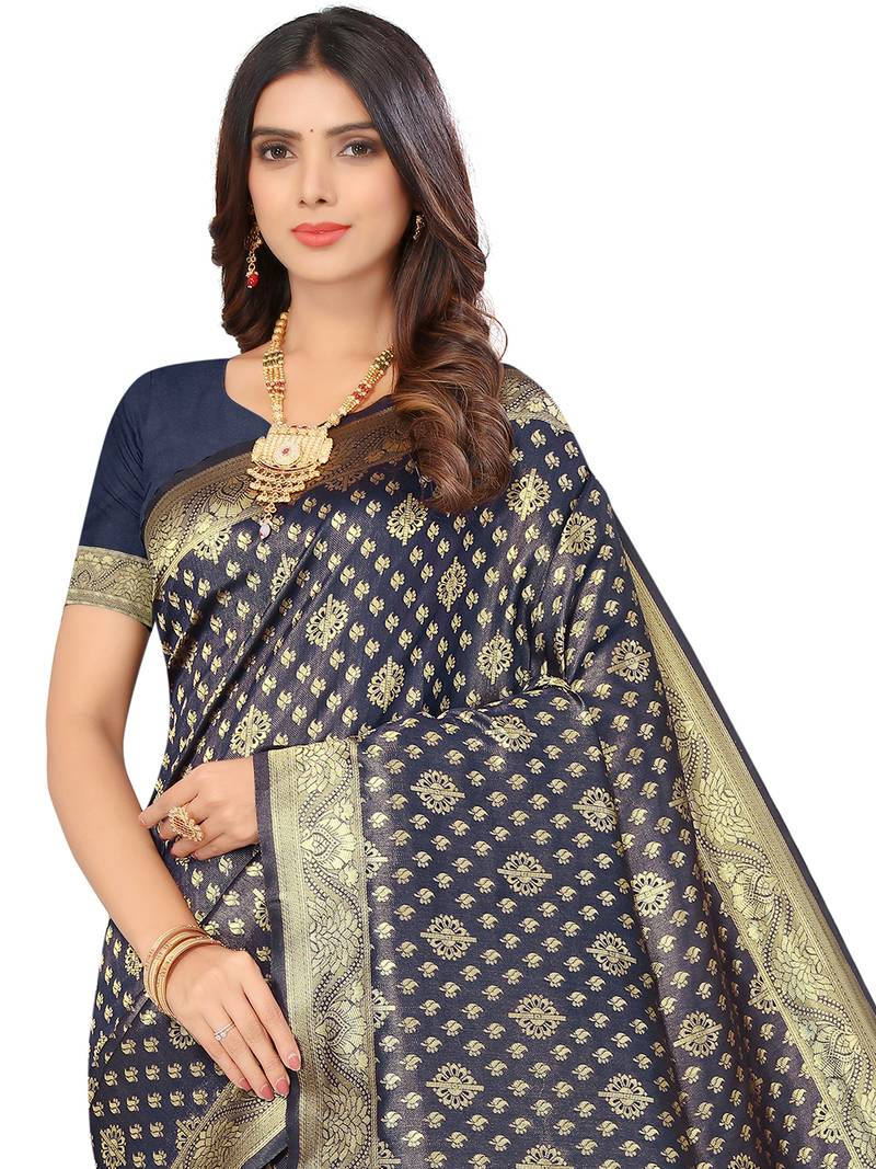 Women's Navy Blue Kota Lichi Golden Zari Ethnic Motif Banarasi Contemporary Woven Design Saree With Running Blouse Piece