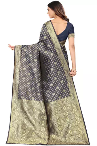 Women's Navy Blue Kota Lichi Golden Zari Ethnic Motif Banarasi Contemporary Woven Design Saree With Running Blouse Piece