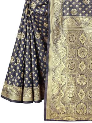 Women's Navy Blue Kota Lichi Golden Zari Ethnic Motif Banarasi Contemporary Woven Design Saree With Running Blouse Piece 4