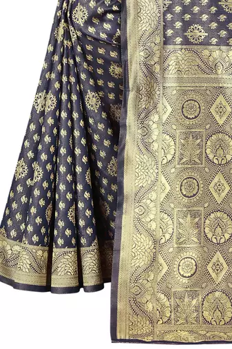 Women's Navy Blue Kota Lichi Golden Zari Ethnic Motif Banarasi Contemporary Woven Design Saree With Running Blouse Piece