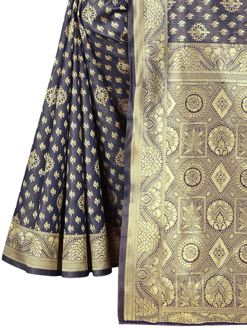Women's Navy Blue Kota Lichi Golden Zari Ethnic Motif Banarasi Contemporary Woven Design Saree With Running Blouse Piece