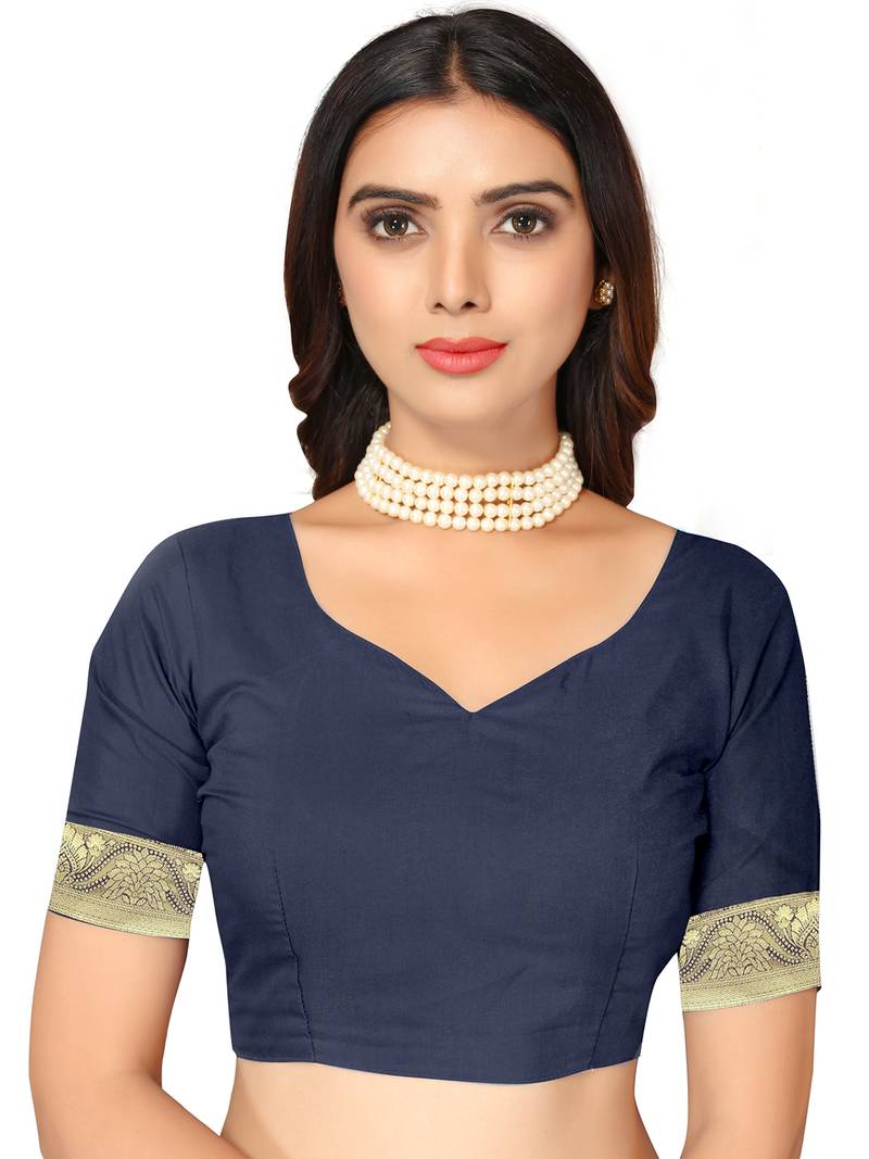 Women's Navy Blue Kota Lichi Golden Zari Ethnic Motif Banarasi Contemporary Woven Design Saree With Running Blouse Piece