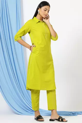 Anushil stylish co-ord set for women - solid shirt style kurti with pants, 2peice kurta with trouser casual wear