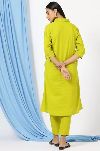 Anushil stylish co-ord set for women - solid shirt style kurti with pants, 2peice kurta with trouser casual wear