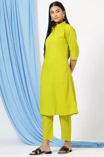 Anushil stylish co-ord set for women - solid shirt style kurti with pants, 2peice kurta with trouser casual wear