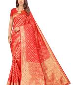 Women'S Red Kota Lichi Golden Zari Ethnic Motif Faux Banarasi Contemporary Woven Design Saree With Running Blouse Piece
