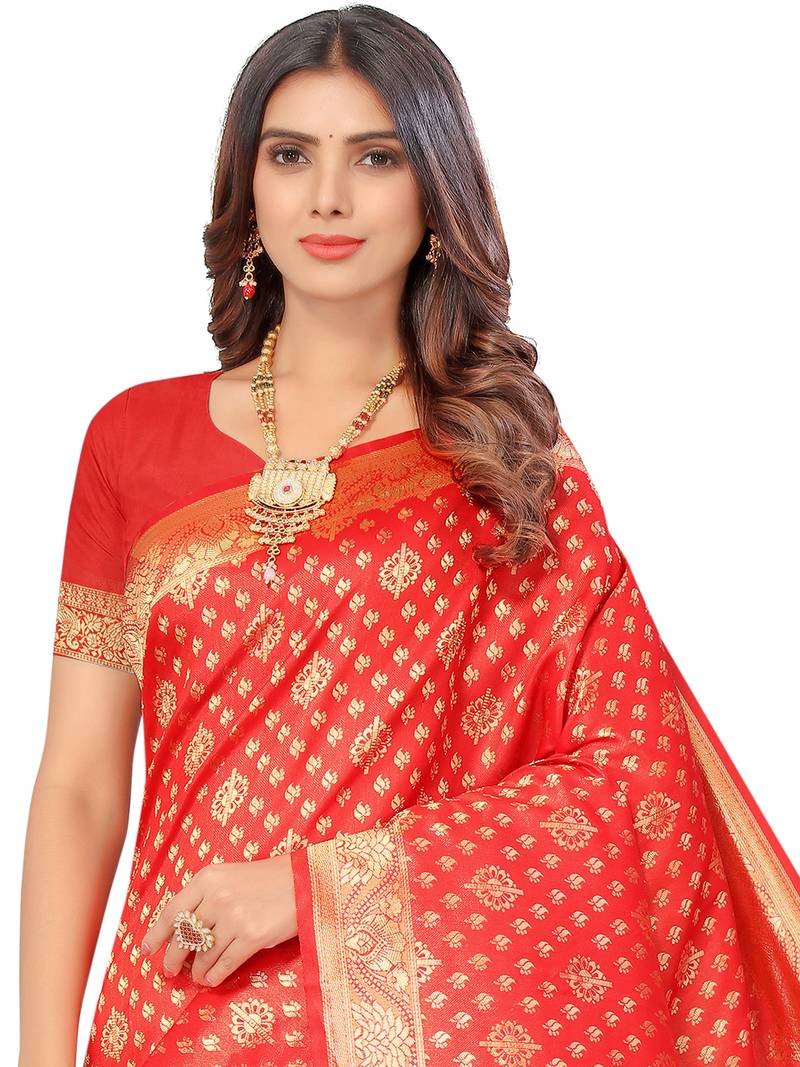 Women'S Red Kota Lichi Golden Zari Ethnic Motif Faux Banarasi Contemporary Woven Design Saree With Running Blouse Piece