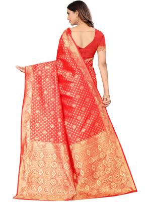 Women'S Red Kota Lichi Golden Zari Ethnic Motif Faux Banarasi Contemporary Woven Design Saree With Running Blouse Piece 3