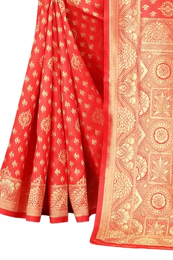 Women'S Red Kota Lichi Golden Zari Ethnic Motif Faux Banarasi Contemporary Woven Design Saree With Running Blouse Piece