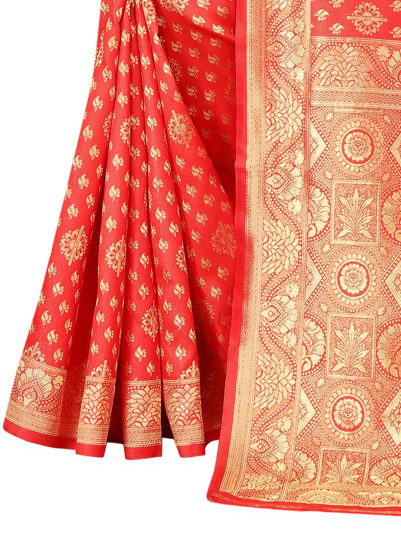 Women'S Red Kota Lichi Golden Zari Ethnic Motif Faux Banarasi Contemporary Woven Design Saree With Running Blouse Piece