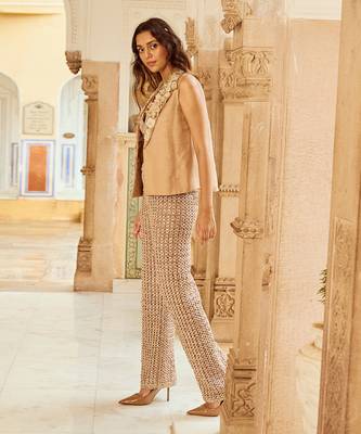 Beige embroidered pant set 2