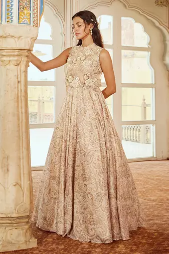 Beige printed silk gown