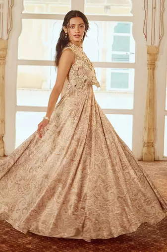 Beige printed silk gown