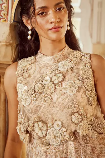Beige printed silk gown