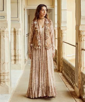 Beige printed silk gown 1