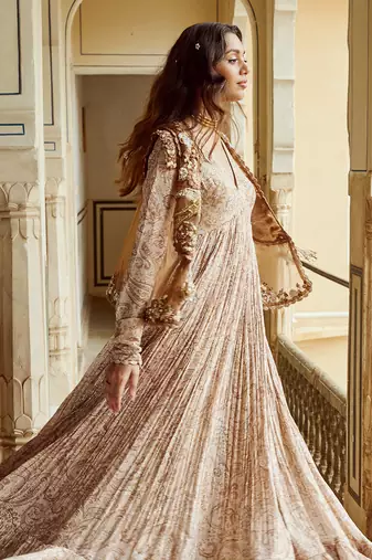 Beige printed silk gown