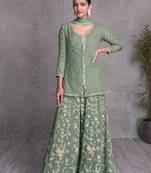 Dusty green embroidered chinnon free size stitched straight style palazzo suit. (size upto 42)