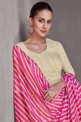 Off white embroidered chinnon free size stitched anarkali style palazzo suit. (size upto 42) 2