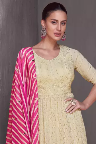 Off white embroidered chinnon free size stitched anarkali style palazzo suit. (size upto 42)
