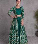 Green embroidered chinnon free size stitched  blouse with lehenga suit. (size upto 42)