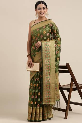 Green Zari Woven Design Faux Banarasi Organza Saree