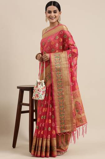 Pink Zari Woven Design Faux Banarasi Organza Saree