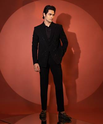 Black stretch cutdana embellished pintuck blazer set 1
