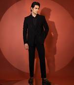 Black stretch cutdana embellished pintuck blazer set