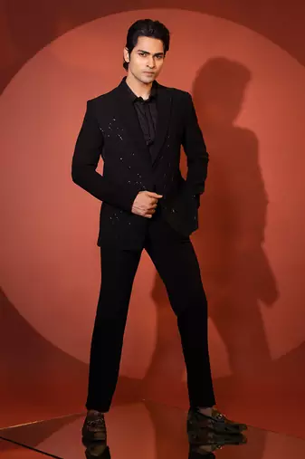 Black stretch cutdana embellished pintuck blazer set
