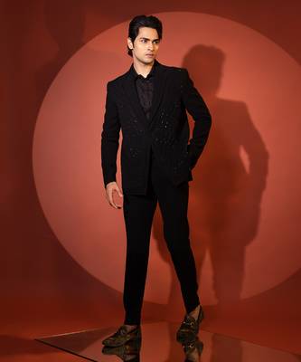 Black stretch cutdana embellished pintuck blazer set 3