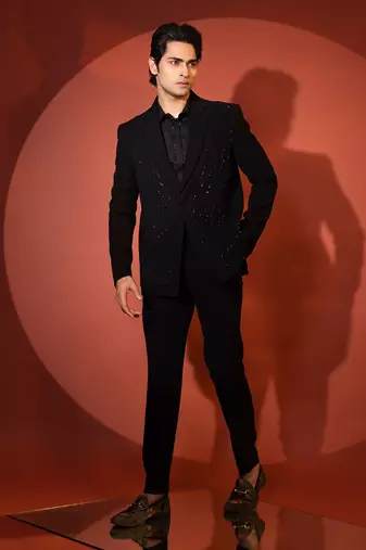 Black stretch cutdana embellished pintuck blazer set