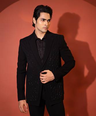 Black stretch cutdana embellished pintuck blazer set 4