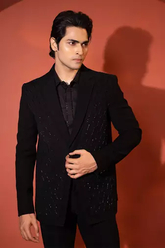 Black stretch cutdana embellished pintuck blazer set