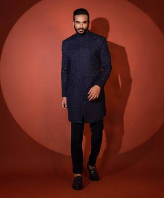 Blue mid length achkan set 1