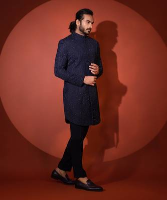 Blue mid length achkan set 2
