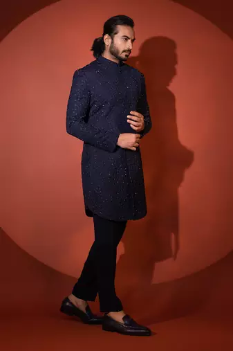 Blue mid length achkan set