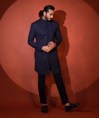 Blue mid length achkan set 3