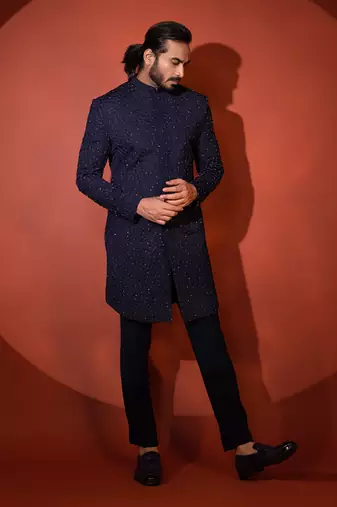 Blue mid length achkan set
