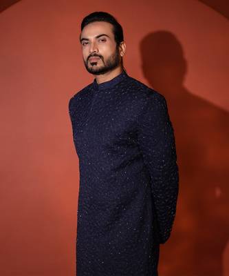 Blue mid length achkan set 4
